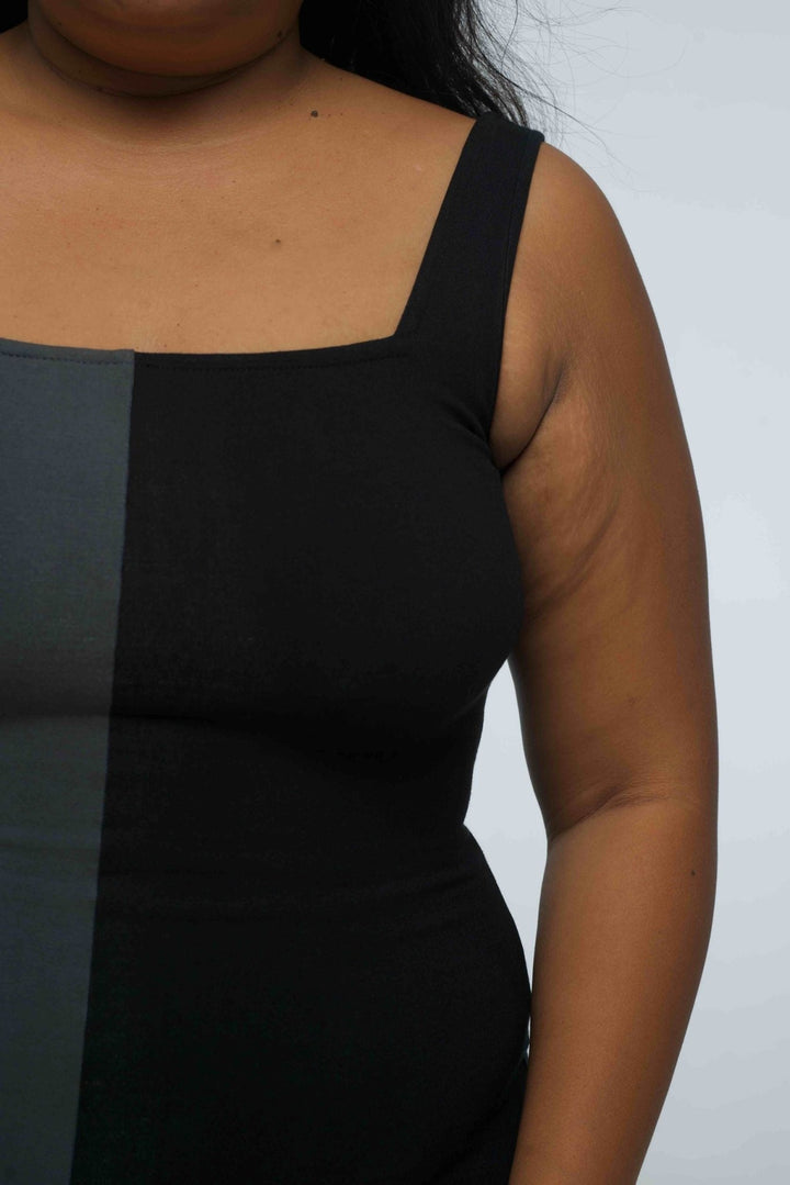 Half and Half Square Neck Midi Dress Petite in Black/Grey - Manners London
