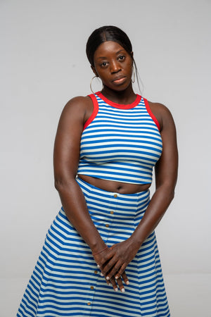 Iva Top Crop in Blue Mint Stripe / Red - Manners London