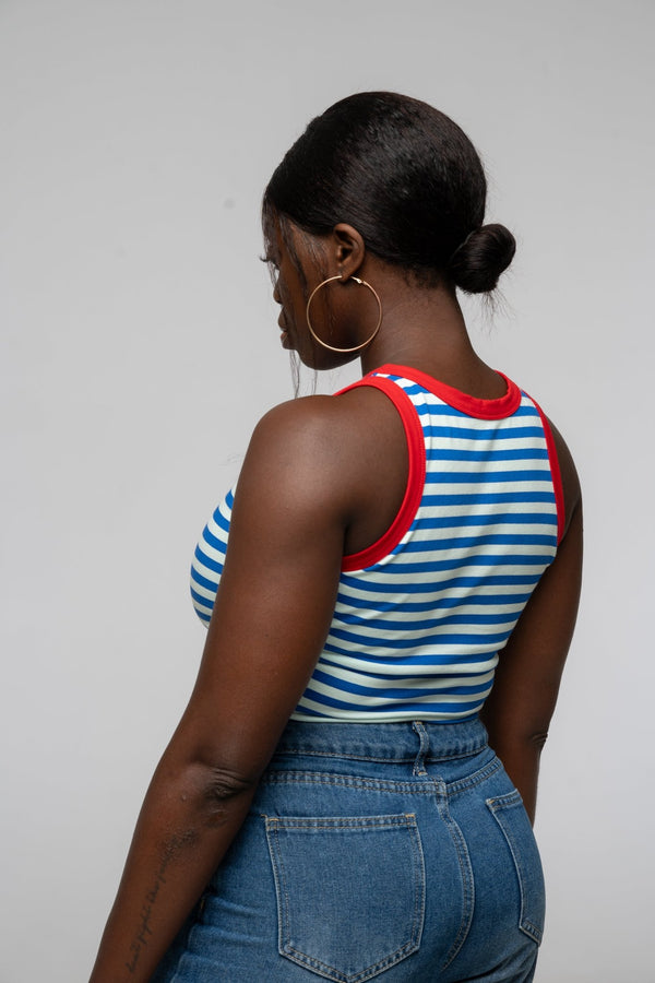 Iva Top Crop in Blue Mint Stripe / Red - Manners London