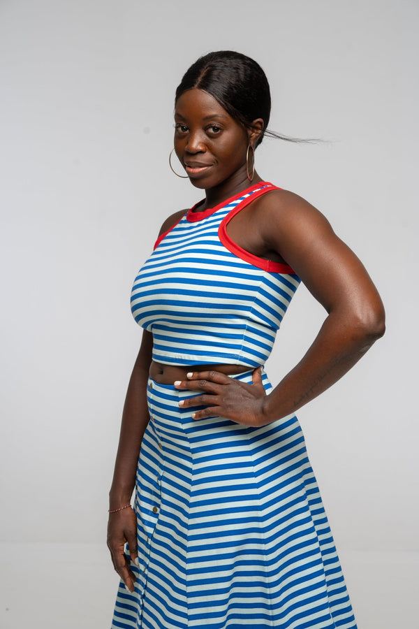 Iva Top Crop in Blue Mint Stripe / Red - Manners London