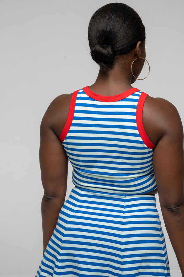 Iva Top Crop in Blue Mint Stripe / Red - Manners London