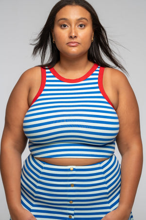 Iva Top Crop in Blue Mint Stripe / Red - Manners London