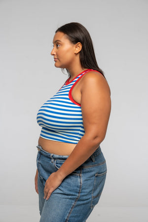Iva Top Crop in Blue Mint Stripe / Red - Manners London