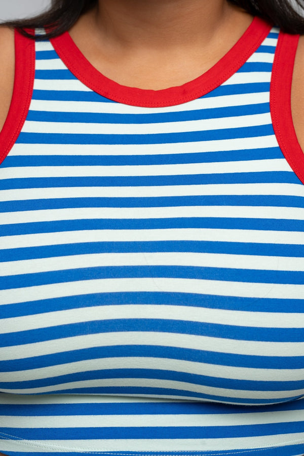 Iva Top Crop in Blue Mint Stripe / Red - Manners London