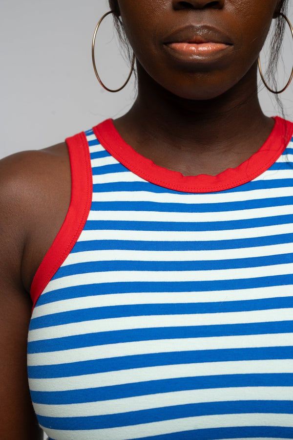 Iva Top Crop in Blue Mint Stripe / Red - Manners London