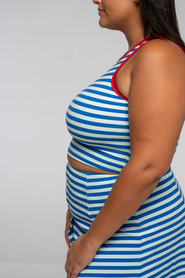 Iva Top Crop in Blue Mint Stripe / Red - Manners London