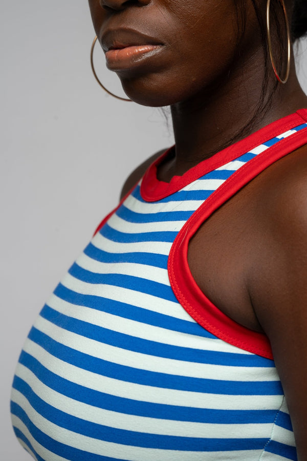 Iva Top Crop in Blue Mint Stripe / Red - Manners London