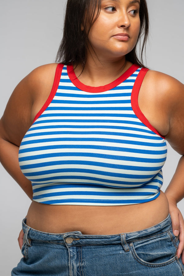 Iva Top Crop in Blue Mint Stripe / Red - Manners London