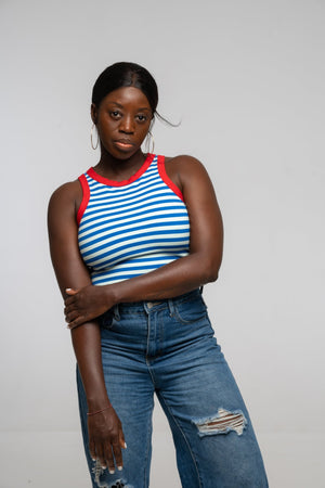 Iva Top Crop in Blue Mint Stripe / Red - Manners London