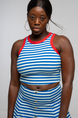 Iva Top Crop in Blue Mint Stripe / Red - Manners London