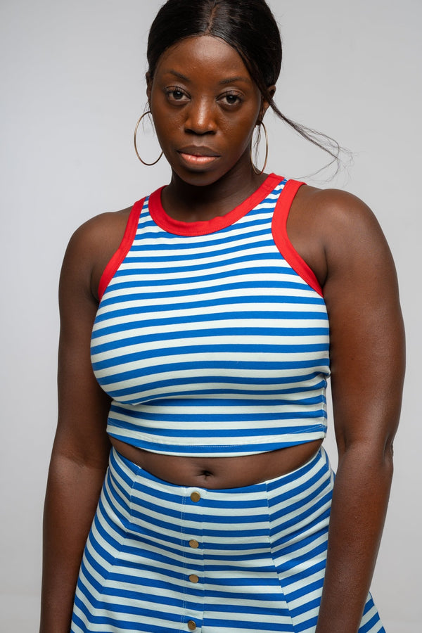 Iva Top Crop in Blue Mint Stripe / Red - Manners London