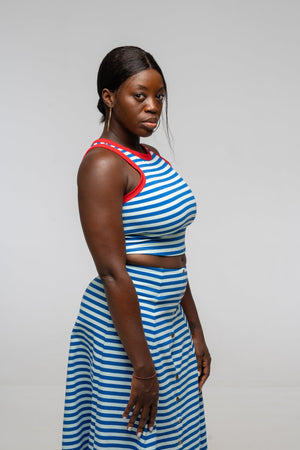 Iva Top Crop in Blue Mint Stripe / Red - Manners London