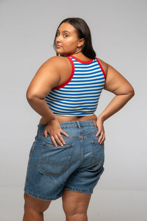 Iva Top Crop in Blue Mint Stripe / Red - Manners London