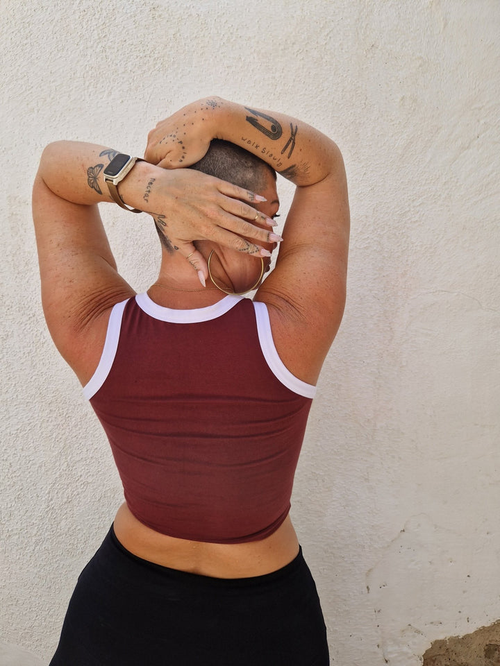 Iva Top Crop in Tawny Port/White - Manners London