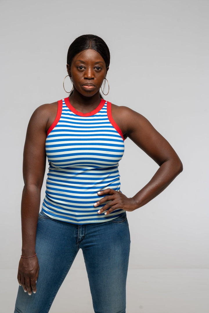 Iva Top Full Length in Blue Mint Stripe / Red - Manners London