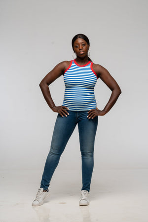 Iva Top Full Length in Blue Mint Stripe / Red - Manners London