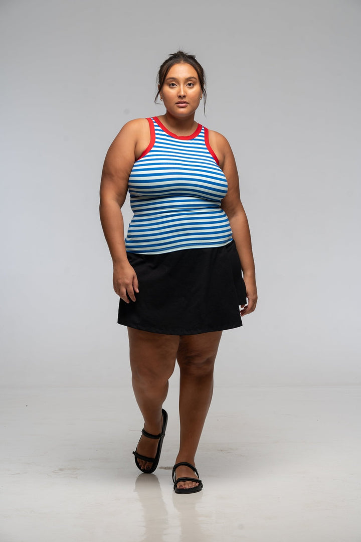 Iva Top Full Length in Blue Mint Stripe / Red - Manners London