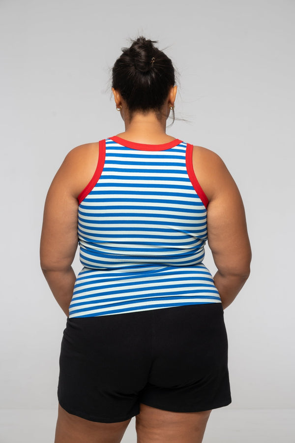 Iva Top Full Length in Blue Mint Stripe / Red - Manners London