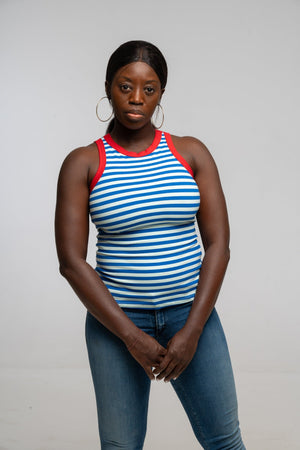 Iva Top Full Length in Blue Mint Stripe / Red - Manners London