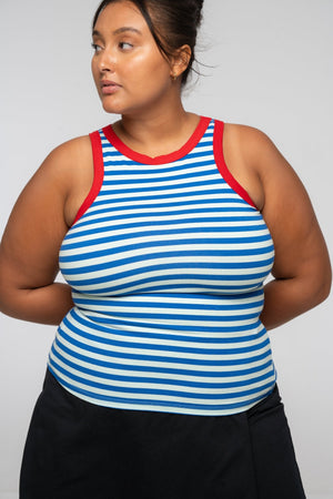 Iva Top Full Length in Blue Mint Stripe / Red - Manners London