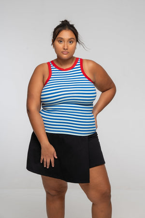 Iva Top Full Length in Blue Mint Stripe / Red - Manners London