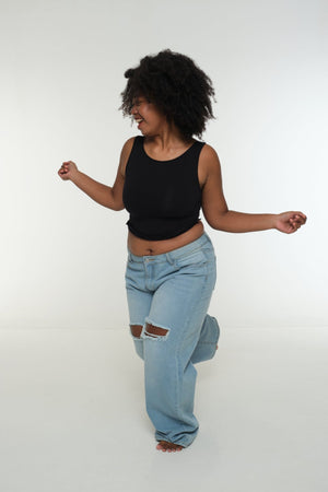 Iza Open Back Mid Crop Top in Black - Manners London