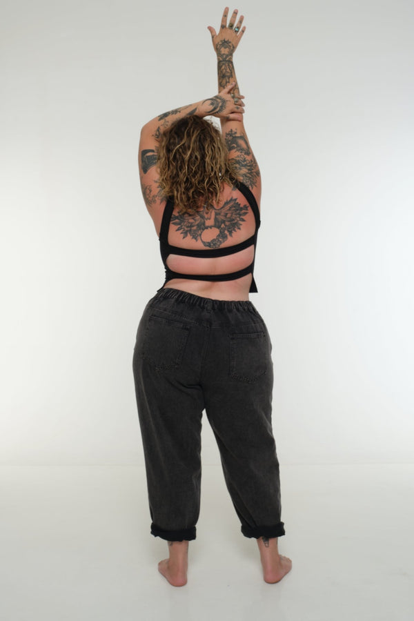 Iza Open Back Mid Crop Top in Black - Manners London