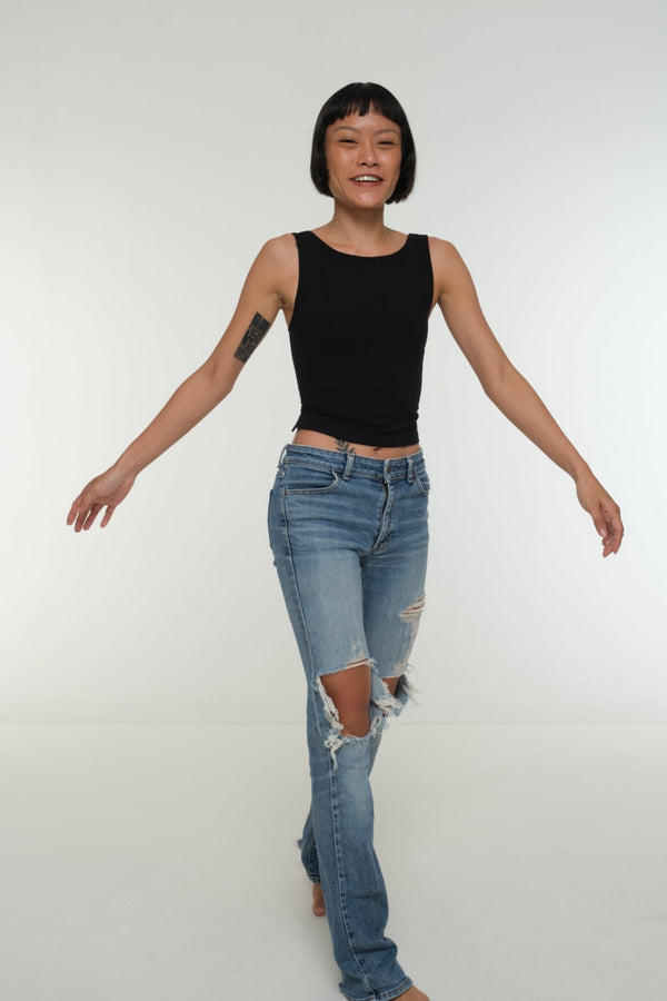 Iza Open Back Mid Crop Top in Black - Manners London