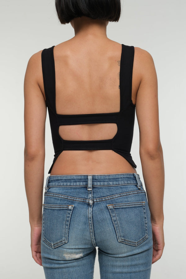 Iza Open Back Mid Crop Top in Black - Manners London