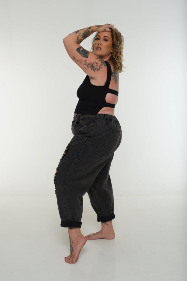 Iza Open Back Mid Crop Top in Black - Manners London