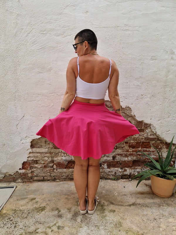 Jola Pocket Skater Mini Dress in Hot Pink / Grass Green - Manners London