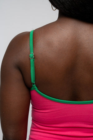 Jola Pocket Skater Mini Dress in Hot Pink / Grass Green - Manners London