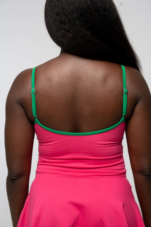 Jola Pocket Skater Mini Dress in Hot Pink / Grass Green - Manners London