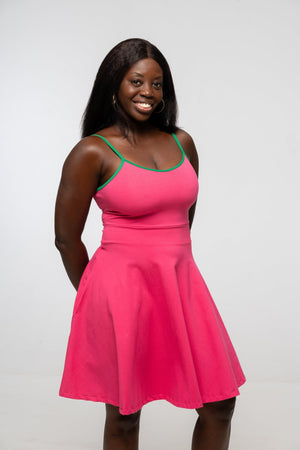 Jola Pocket Skater Mini Dress in Hot Pink / Grass Green - Manners London