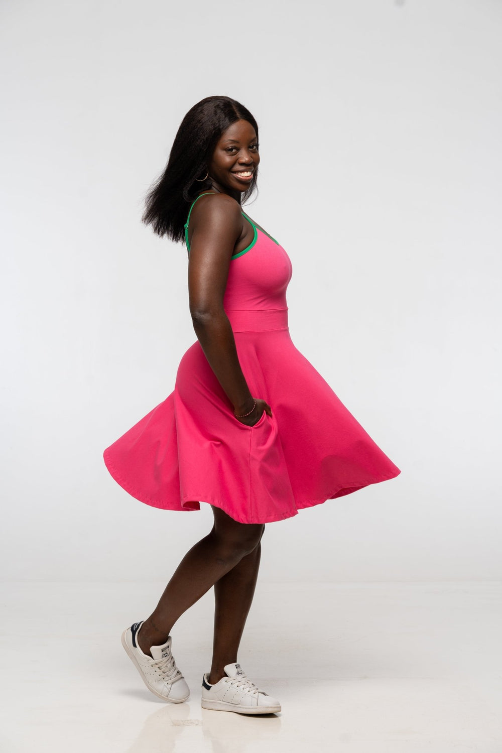 Jola Pocket Skater Mini Dress in Hot Pink / Grass Green - Manners London