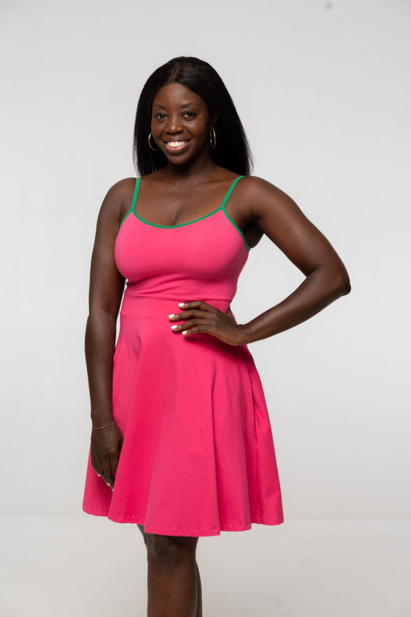 Jola Pocket Skater Mini Dress in Hot Pink / Grass Green - Manners London