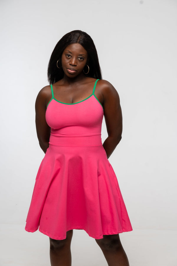 Jola Pocket Skater Mini Dress in Hot Pink / Grass Green - Manners London