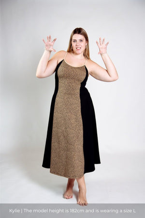 Kala Dress Midi Petite in panel Black/Classic Leopard - Manners London