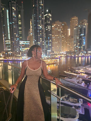 Kala Dress Midi Petite in panel Black/Classic Leopard - Manners London