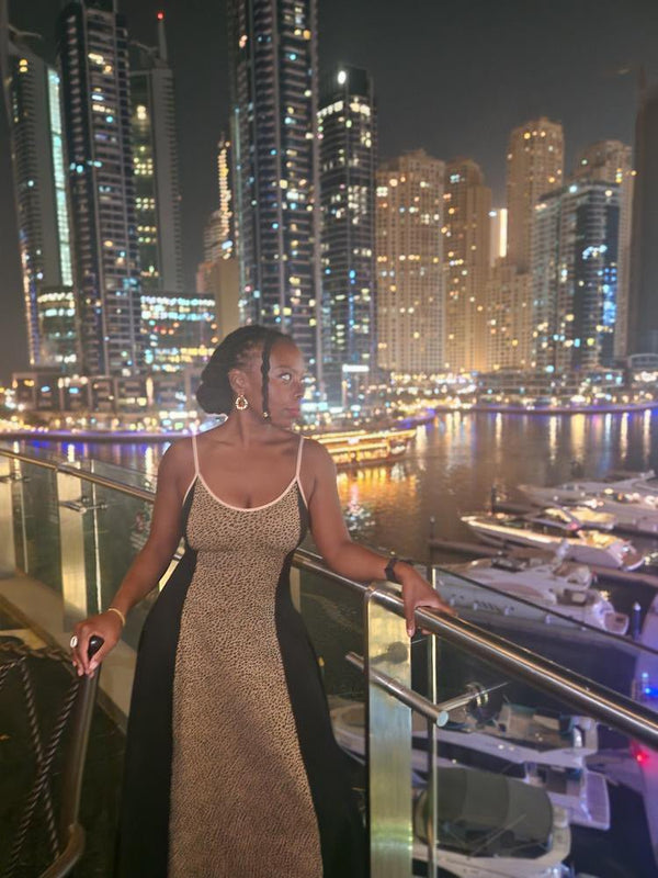 Kala Dress Midi Petite in panel Black/Classic Leopard - Manners London