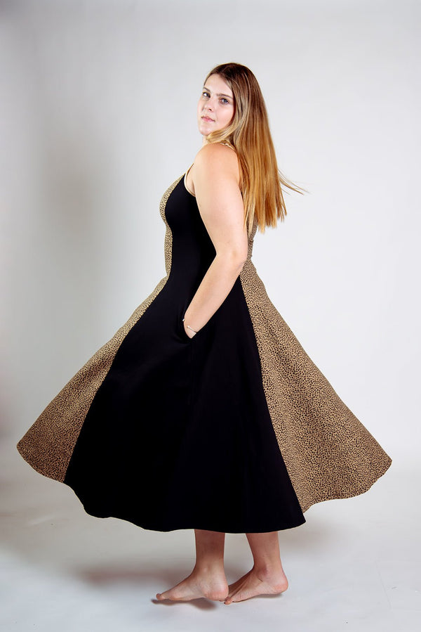 Kala Dress Midi Petite in panel Black/Classic Leopard - Manners London