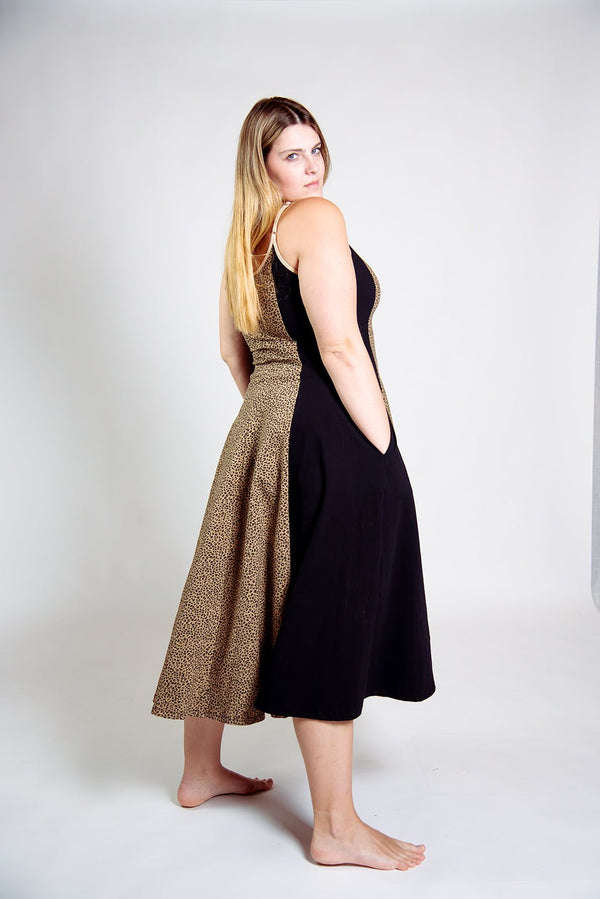 Kala Dress Midi Petite in panel Black/Classic Leopard - Manners London