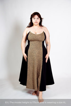 Kala Dress Midi Petite in panel Black/Classic Leopard - Manners London