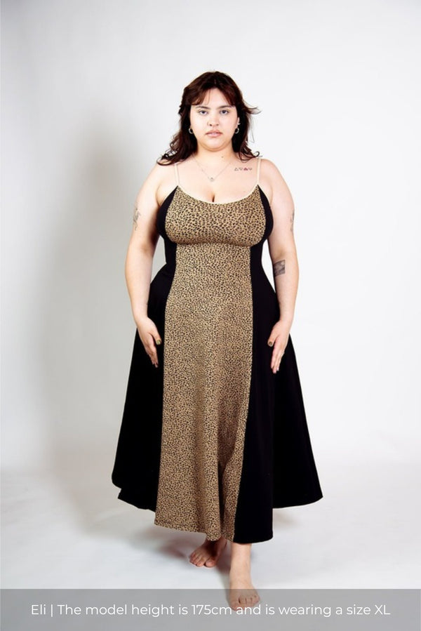 Kala Dress Midi Petite in panel Black/Classic Leopard - Manners London