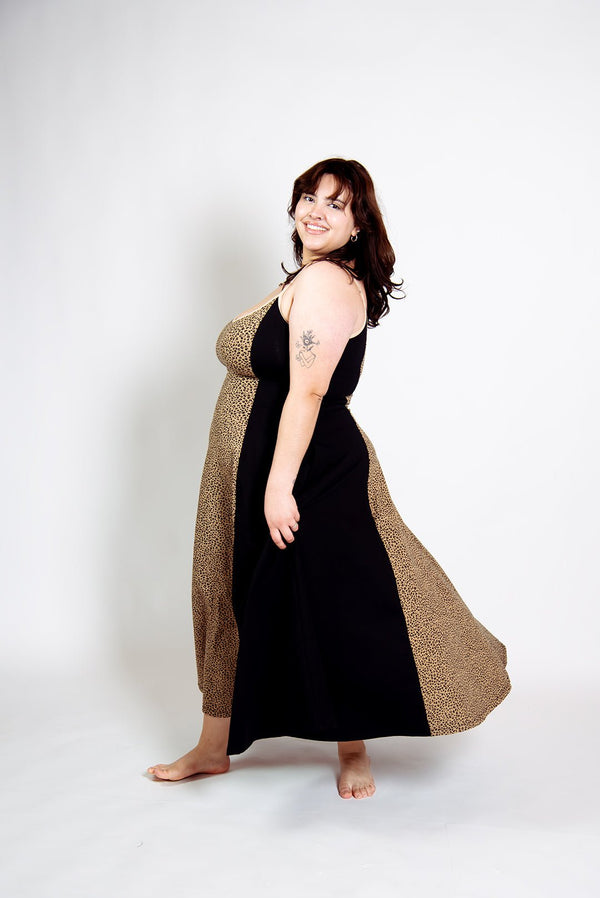 Kala Dress Midi Petite in panel Black/Classic Leopard - Manners London