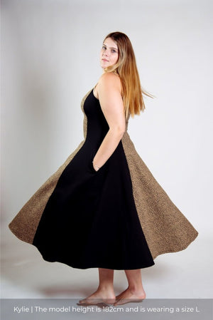 Kala Dress Midi Regular in panel Black/Classic Leopard - Manners London