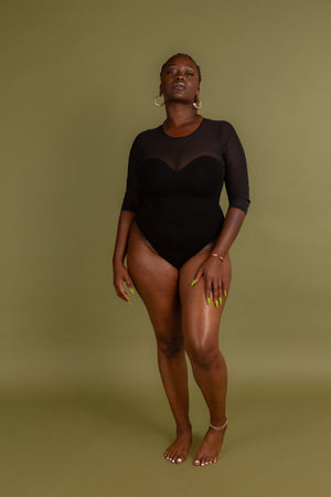 Kupu Bodysuit 3/4 Sleeved and Mesh in Black - Manners London