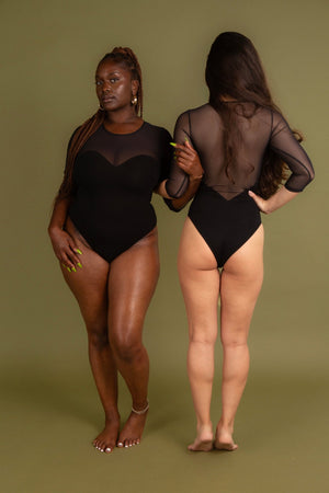 Kupu Bodysuit 3/4 Sleeved and Mesh in Black - Manners London