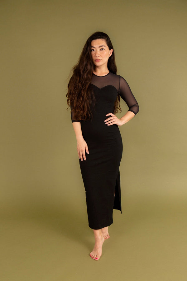 Kupu Long Sleeved Midi Dress in Black and Mesh - Manners London
