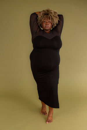 Kupu Long Sleeved Midi Dress in Black and Mesh - Manners London